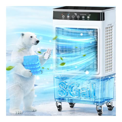 Swamp Cooler Air Conditioner, 4000 CFM Evaporative Air Cooler with 8-Gal Water Tank, 4 Modes, 3 Speeds, Remote, 12H Timer, Dry Burn Protection, Portable Windowless AC for Bedroom, Home, Office