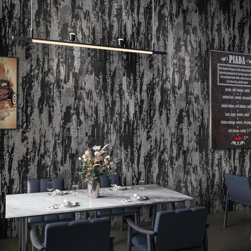 BOMENG Extra Wide Concrete Peel and Stick Industrial Wallpaper 48"x197" Black Cement Contact Paper with Air Guide Slot Design Glossy Industrial Wall Paper Wall Covering Bathroom Living Room Bedroom