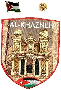 A-ONE 2 PCS Pack- Al-Khazneh Landmark Patch+Jordan Flag Lapel Pin, Petra Landmark, Legend, Treasury Souvenir, Sew on Embroidery, Patriotic Accessory Brooch NO.324P