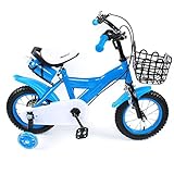DIFU Bicicleta infantil de 12 pulgadas para niños y niñas, para principiantes, con protector, ruedas estabilizadoras, cesta de almacenamiento para niños y niñas de 2 a 9 años de edad (azul)
