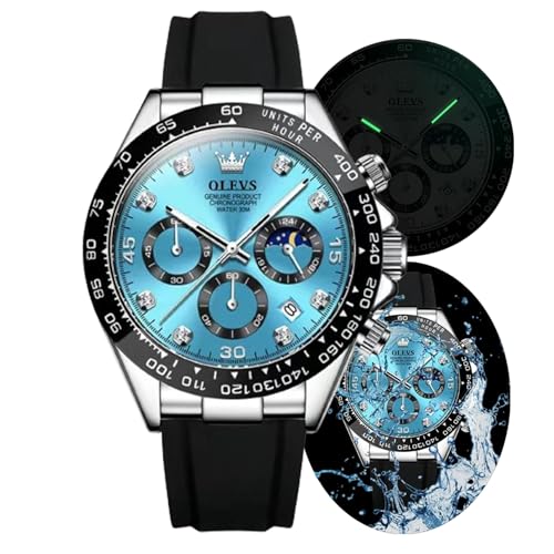 OLEVS Watches for Men Quartz Waterproof Chronograph Analog Multifunction Moon Phase Silicone Diamond Luminous Wrist Watches, Silver Black, Chronograph OLEVS Watches for Men Quartz Waterproof Chronograph Analog Multifunction Moon Phase Silicone Diamond Luminous Wrist Watches, Silver Black, Chronograph