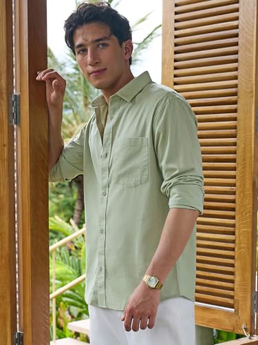 Image of Bewakoof Mens Solid Regular Fit Full Sleeve Collar Cotton Linen Blend Shirt