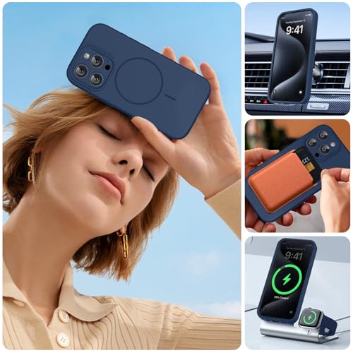 Image of Miracase Magnetic for iPhone 15 Pro Case, [Soft Anti-Scratch Microfiber Lining], Compatible with MagSafe, Liquid Silicone Shockproof Drop Protection Phone Case for 15 Pro, Dark Blue