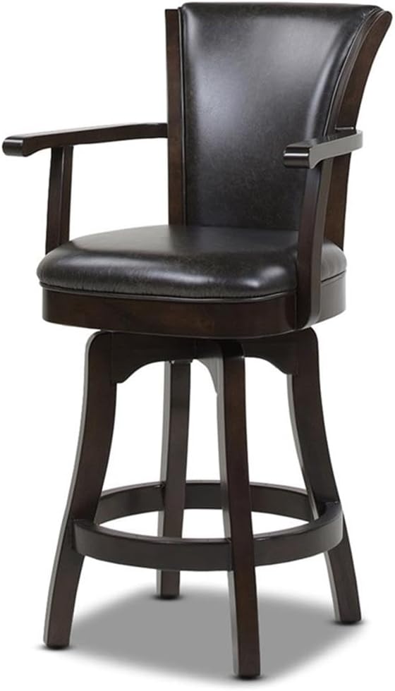 Pemberly Row Swivel Counter Height Bar Stool, 27-Inch Seat Height, Faux Leather Upholstery, Vintage Black Brown Finish, Solid Oak Frame with Brass-Plated Footrest, Kitchen or Pub Table Seating
