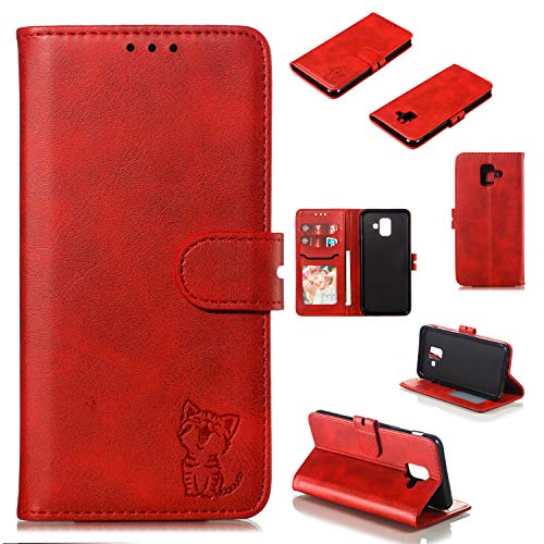 Robinsoni Case Compatible with Samsung Galaxy A6 2018 Retro Leather Wallet Cover with Card Holder Slots Cat Printed Folio Flip Book Cover TPU Silicone Inner Case Kickstand Magnetic Closure Case, Red