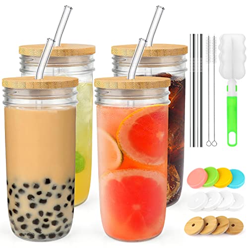 Comparison: 12 Best Iced Coffee Cups Reusable Glass And With Lids And Straws 10 ZIZOTI 4-Pack 24oz Glass Cups with Lids and Straws - Wide Mouth Mason Jars, 12 Lids (Bamboo/Plastic) & 8 Straws - Reusable Tumblers for Smoothies, Iced Coffee