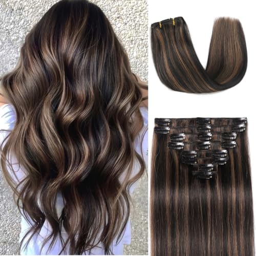 Image of Clip in Hair Extensions Real Human Hair Invisible Remy Human hair Clip in Extensions for Women Seamless Double Weft 8pcs 22 inch 110g /3.9oz Balayage Black Brown Highlight Chestnut Brown