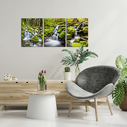 3 Pieces Green Dreamlike Waterfall Canvas Prints Wall Art Nature Forest Landscape Pictures Print On Canvas Giclee Artwork For Walls Decorations Ready To Hang (Small, Green) #TOP4