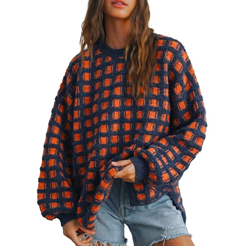 Hixiaohe Oversized Checkered Sweater for Women Trendy Pullover Sweaters Casual Long Sleeve Ribbed Knit Tops Fashion Clothes