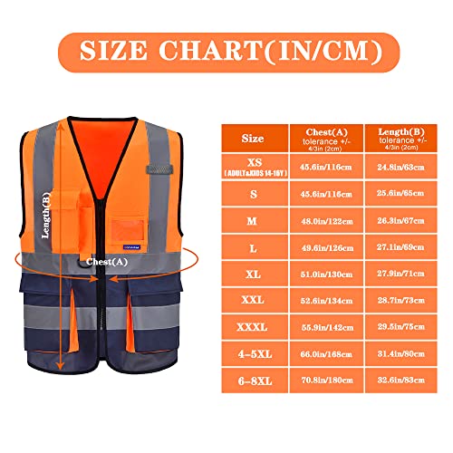 Image of Hi-Vis Safety Vest with 7 Pockets, Front Zipper, Orange /Navy, 2XL | Orange /Navy 2XL fabric work vest with reinforced pockets, clear ID holder and mic tabs for utility work; unisex workwear.