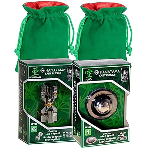 Hourglass and UFO Hanayama Puzzles with Green Velveteen/Red Satin Drawstring Pouches, Bundled Cover