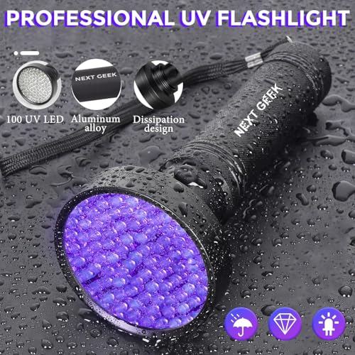 Image of NEXT GEEK 100 LED UV Flashlight Ultraviolet Torch 395-400nm ip55 Water Resistant with 6xAA Battery Used for Pet Urine Detection, Dry Stains, Bed Bugs, Scorpions, Document Verification and Much More