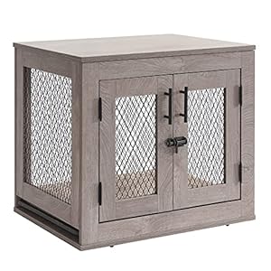 unipaws 25.5 Inch Dog Crate Furniture, Wooden Dog Kennel for Small Breed, Indoor Wood Dog Cage, Inside Side End Table Crate with Tray and Dog Bed for Puppy, Cats, Min Pigs, Rabbit, Up to 25 lbs