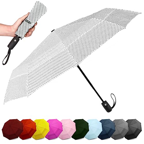 EEZ-Y Windproof Travel Umbrellas for Rain - Lightweight, Strong, Compact with & Easy Auto Open/Close Button for Single Hand Use - Double Vented Canopy for Men & Women - Oreo
