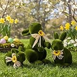 Lanpn 3PCS Flocked Bunny Easter Decorations, Multi-Posed Moss Green Rabbit Figurines for Table Centerpieces, Spring Ornaments & Shelf Decor, Seasonal Gift (Moss Green)