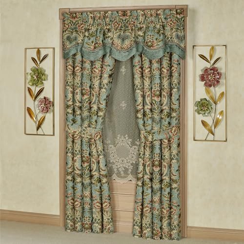 Calais Chateau Traditional Luxury Window Treatments | Soft Teal Chenille | Colorful Pastel Woven Classic Jacobean Floral Blooms | Lined, Wide Drapery Set Includes Scalloped Valance & 84L Curtain Pair