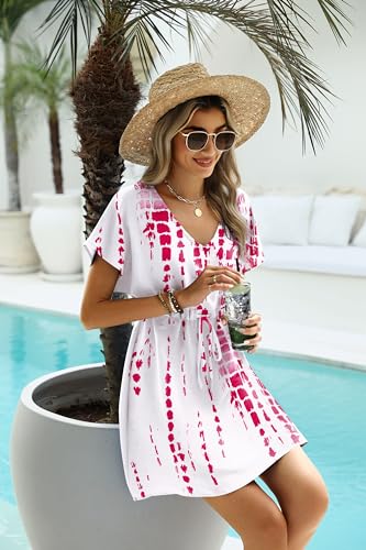 Image of Ekouaer Womens Swimsuit Coverup Short Sleeve Beach Cover Up Dress V Neck Bikini Beachwear