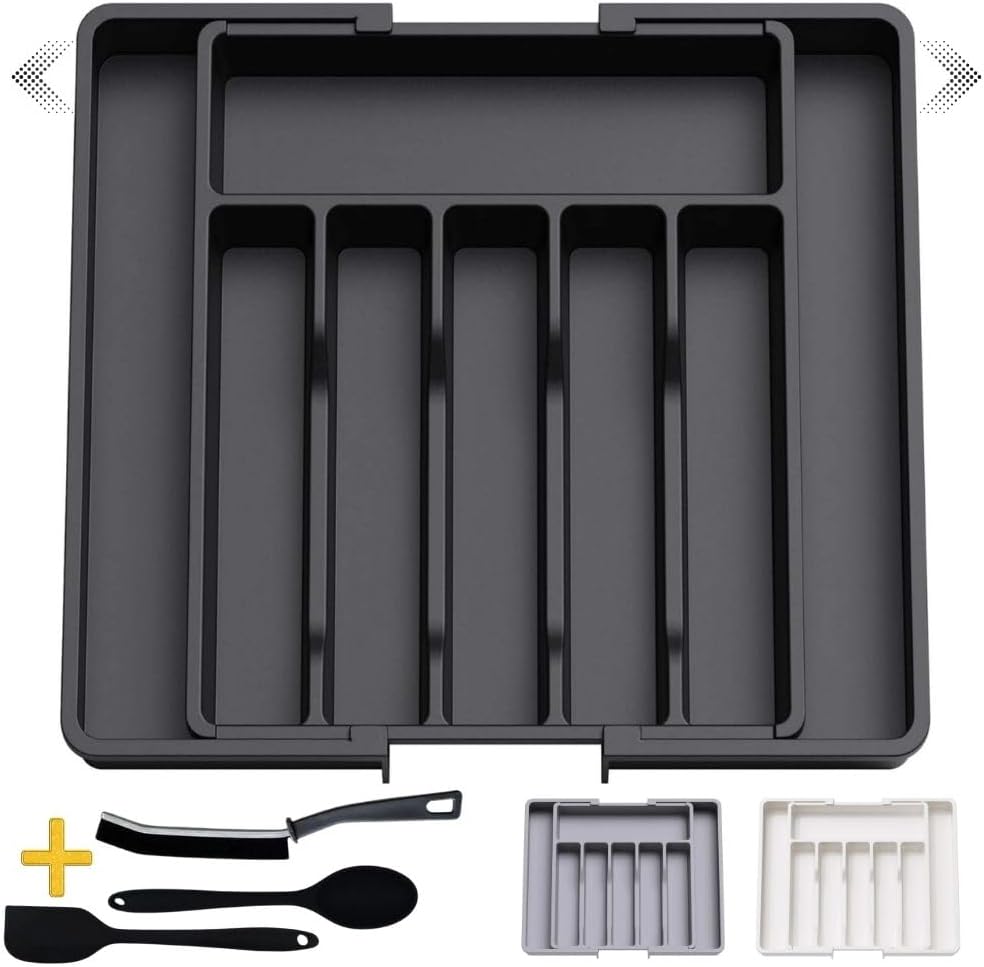 Phaysell Silverware Drawer Organizer, Adjustable Space for Knifes, Spoons, Forks. Sleek & Space-Saving Silverware Organizer for an Organized Kitchen (Black).