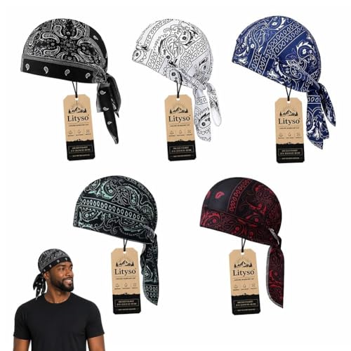 Lityso Elastic Cycling Sports Cap Skull Caps Bandana Stretch Cooling Headscarf Paisley Cool Helmet Wrap Pirate Scarves Hat (All One Size)