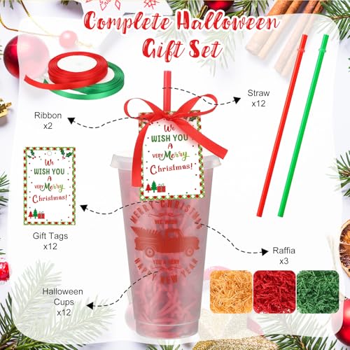 Mimorou 12 Set Christmas Cup Gifts Bulk Coffee Gift Card Holder with Cards Clear Plastic Tumblers with Lid Straw Thank You Cards Christmas Party Favors for Xmas Gift Teacher Coworker (Festive) - Image 4