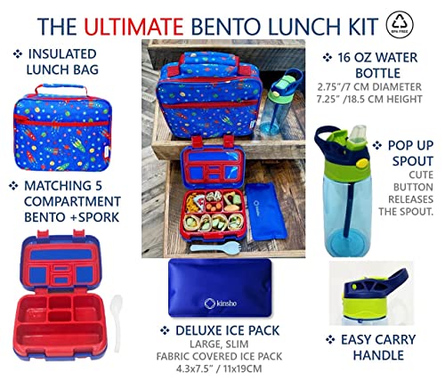 Image of kinsho Bento Lunch Box, Water Bottle, Ice Pack Set For Kids Toddlers, 5 Portion Sections, Removable Plastic Tray, Small Pre School Daycare Lunches, Snack Container, Blue Red Space Rocket