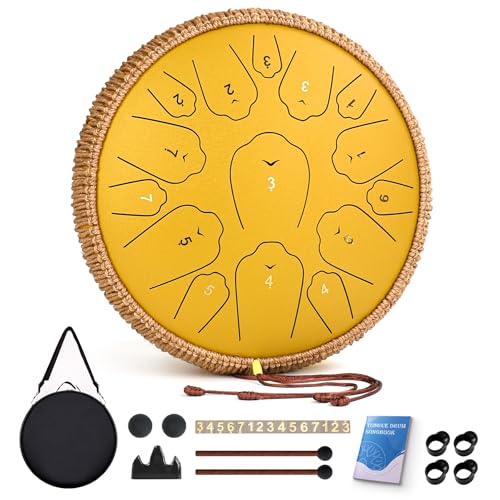 Image of Steel Tongue Drum, 13 Inch 15 Notes Tongue Drums, C Major 440 Hz Drum Percussion Instruments, Handpan Drums with Music Book, Drum Mallets and Carry Bag (Yellow)