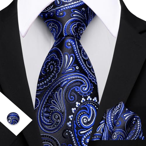 Image of YOHOWA Mens Ties Set Wedding Paisley Neckties with Handkerchief Cufflinks Formal Business