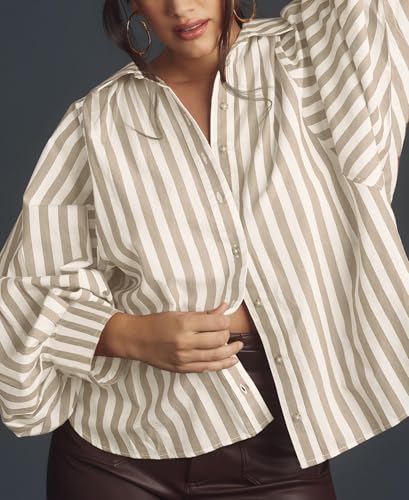 Oversized Button Down Shirts for Women Striped Batwing Long Sleeve Blouses Boyfriend Collared Tops4