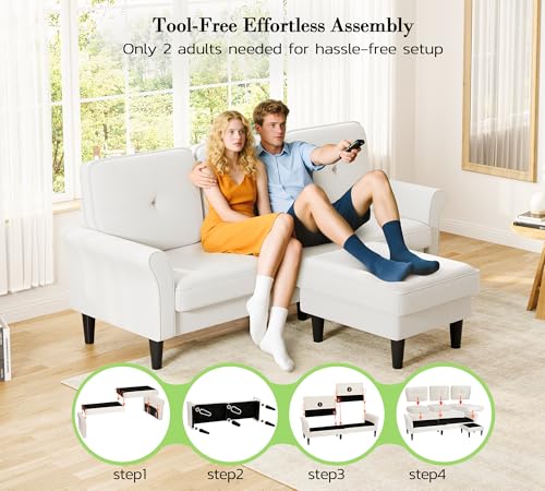 Image of Small Sectional Couch, 83 inch L Shaped Couch, Comfy Velvet Couches for Living Room, Tool-Free Setup Modular Sectional Sofa, 850lbs Load Sofas for Living Room with 1 Movable Ottoman, White Couch