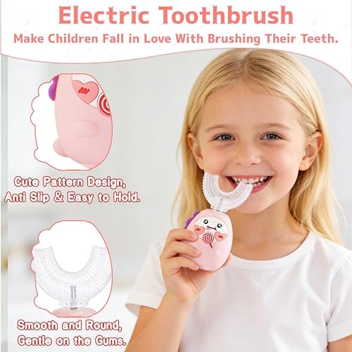 Kids U Shaped Electric Toothbrush with 4 Brush Heads, Sonic Toothbrush Kids with 3 Modes, Cartoon Lollipop 360-Degree Cleaning IPX7 Waterproof Design (Age 2-12 (Pink)) — view 4