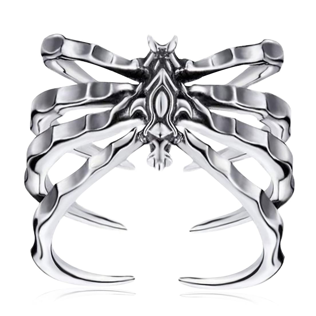 THJEW Mens Open Skeleton Skull Ring,Adjustable Adjust S925 Sterling Silver Punk Gothic Biker Cocktail Party Halloween Ring Jewelry for Men