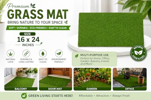 Image of Premium Artificial Grass Mat for Balcony, Garden & Entrance | Soft Anti-Slip Washable Green Turf Floor Mat for Indoor Outdoor Home Decor | Synthetic Lawn Mat | Green | Large | 18 X 24
