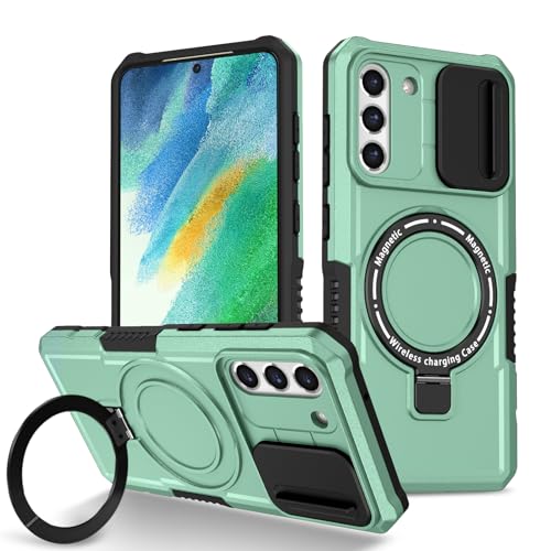 Yarxiawin Phone Case for Samsung S21 FE 5g with Ring Stand Magnetic Black fits Wireless Charger, Camera Lens Protector Cover for Samsung Galaxy S21 FE Case Shockproof Anti-Slip (Green)
