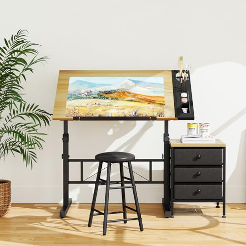 Moziel Mesa de Dibujo con Altura Ajustable, 0 60° Tablero Inclinable, Mesa de Pintura Arquitecto Estudio Dibujo Escritorio para Computadora con Taburete para Oficina Casa (Madera con Cajón)