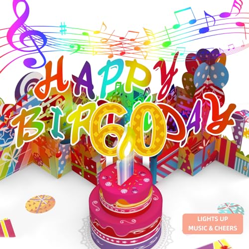 Image of 60th Pop-Up Musical Birthday Card, Blowable LED Candle for Women and Men