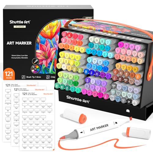 Shuttle Art Brush Tip Alcohol Markers, Dual Tip Brush & Chisel Tip Art Marker Set, 121 Colors Marker Pens with Organized Case Perfect for Illustration