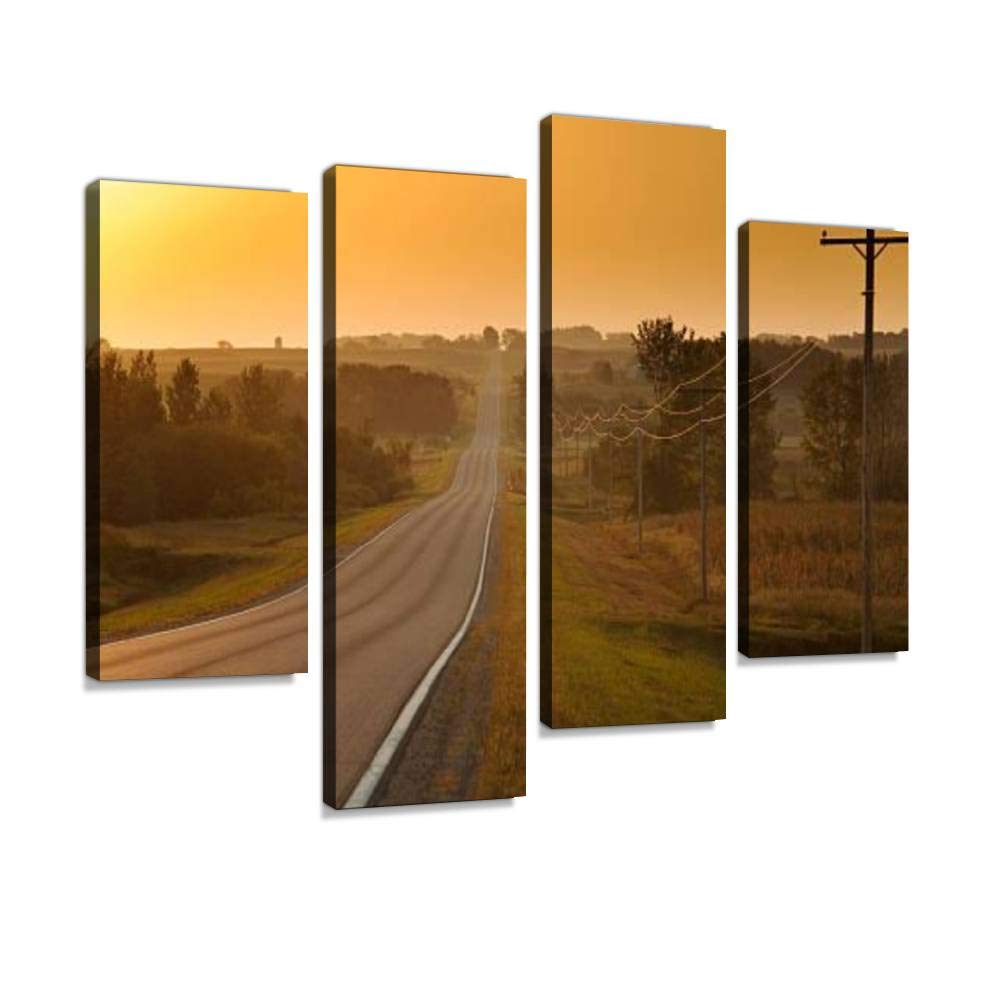 Canvas Print Artwork Morning Sunrise over Rural Farm Country Road Wall Art Pictures Framed Digital Print Abstract Painting Room Home Office Decor Ready to Hang - 4 Panel