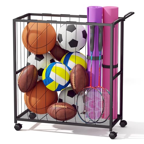 Ball Storage Bin Rolling Sports Ball Cart, Metal Garage Organizer Sport Rack, Ball Basket Storage, Ball Cage for Garage or Gym, Indoor & Outdoor Sports Equipment Organizer Black