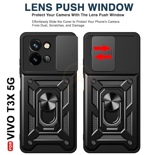 Image of Armor Bumper Back Cover Case for Vivo T3X 5G Rotating Camera Cover, Ring Holder & Kickstand | Heavy Duty & 360 Degree Protection Vivo T3X 5G Back Cover (Black)