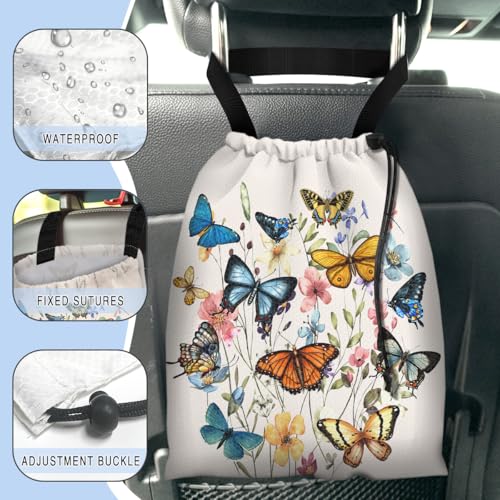 Image of Car Trash Bag Hanging Back of Seat Waterproof Small Cute Printed One-Handed Strap Drawstring Garbage Bags for Car-Butterfly Wildflower