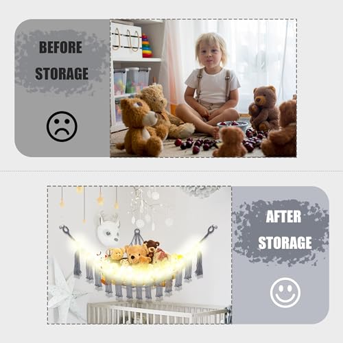 Image of CERETIA Stuffed Animal Hammock with LED Light, Large Stuffed Animals Storage Corner Plushie Net for Kids Room Decor, Jumbo Grey