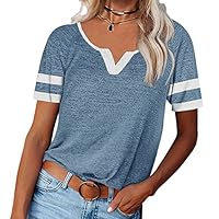MaQiYa Camiseta feminina básica gola V túnica color block verão manga curta camisetas casuais de algodão, ZZ - azul, P