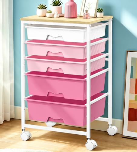 Image of SUNALLY Rolling Carts with 5 Drawers, Storage Drawer Carts for Craft, Pink