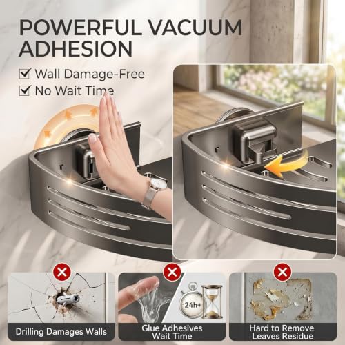 2-PCS-Corner-Shower-Caddy-Suction-Cup-Rustproof-Aluminum-Shower-Shelves-with-Hooks-No-Drilling-Upgrade-Bionic-Suction-Cup-Shower-Organizer-Removable-Bathroom-Storage-Corner-ShelfGrey