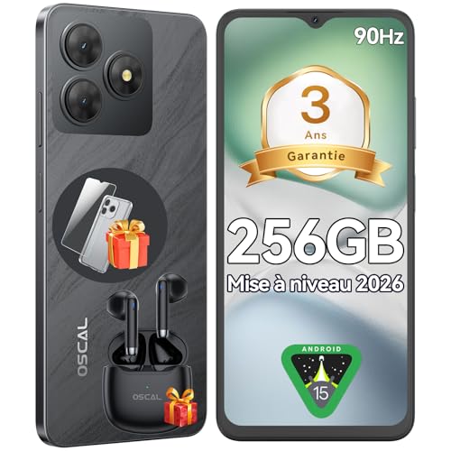 OSCAL Smartphone Android 15, 12Go+256Go(TF 2To), Flat 2 Telephone Portable Pas Cher, 90Hz 6.56 HD+ Écran, 5000mAh Téléphone Portable, 13MP+8MP AI Phone, 4G Dual SIM/Face ID/OTG/GPS/3 Ans De Garantie
