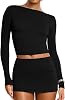 XXTAXN Womens 2 Piece Outfits Long Sleeved Boat Neck Crop Tops Sexy Bodycon Mini Club Skirt Set Dress Black