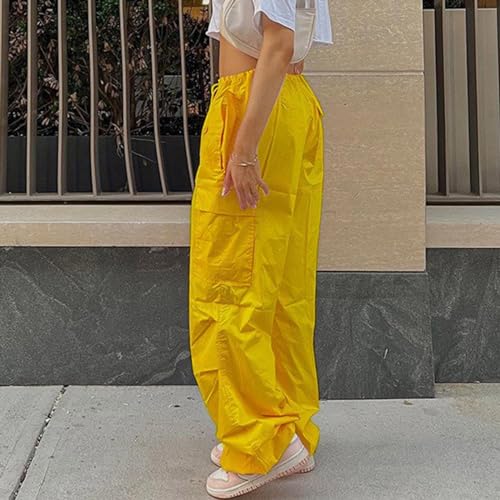 Women Cargo Pants Drawstring Elastic Waist Wide Leg Lounge Parachute Pants Solid Color Lightweight Baggy Trousers with Pocket3