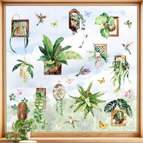 Tanlaby Pegatinas para Ventanas Plantas Tropicales Vinilos para Cristales con Monstera, Helechos y Follaje Verde, Decoración Doble No Adhesivo Cara Primavera Verano para Ventanas y Puertas de Vidrio