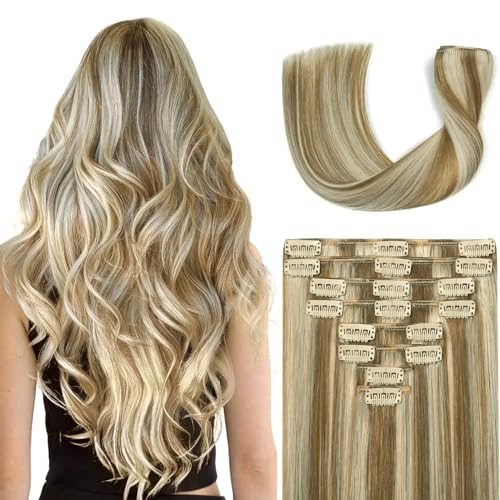 Clip in Hair Extensions Real Human Hair 20Inch 8pcs 105g Seamless Balayage Blonde Hair Extensions Clip Ins Double Weft Light Blonde Highlight Golden Blonde Invisible Straight Remy Human Hair for Women