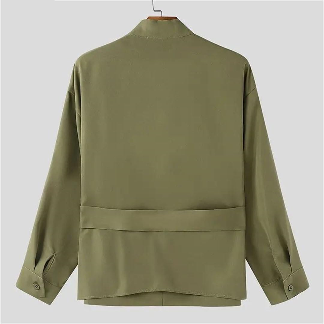 Men Spring Solid Color Stand Collar Long Sleeve Shirt with Lace-Up Detail Loose Casual Top